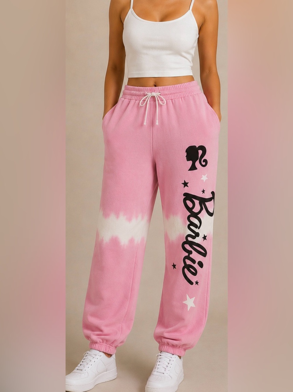 Barbie Pink & White Tie-Dye Joggers with Black Logo